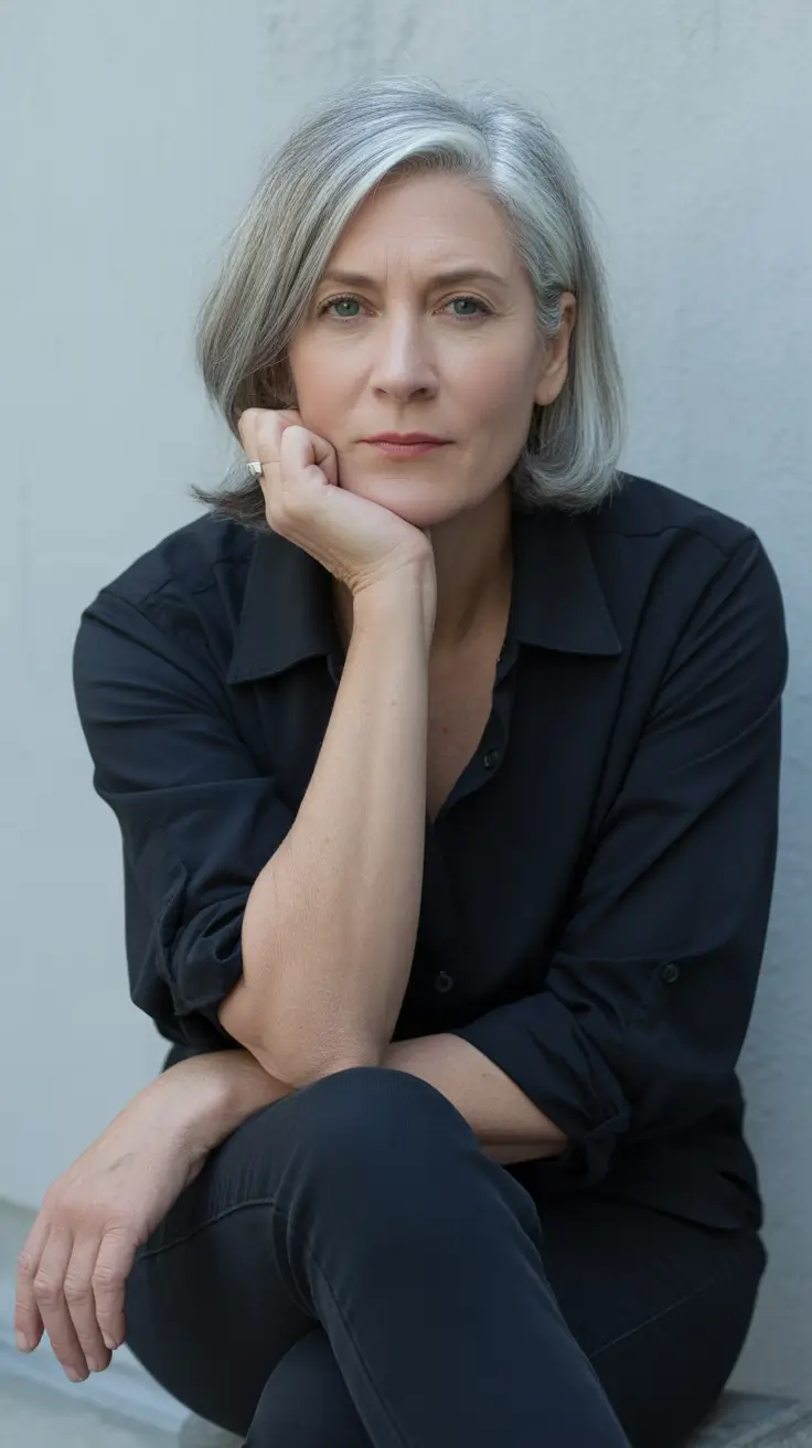 short haircuts for women over 40 Silver Chic Straight Bob