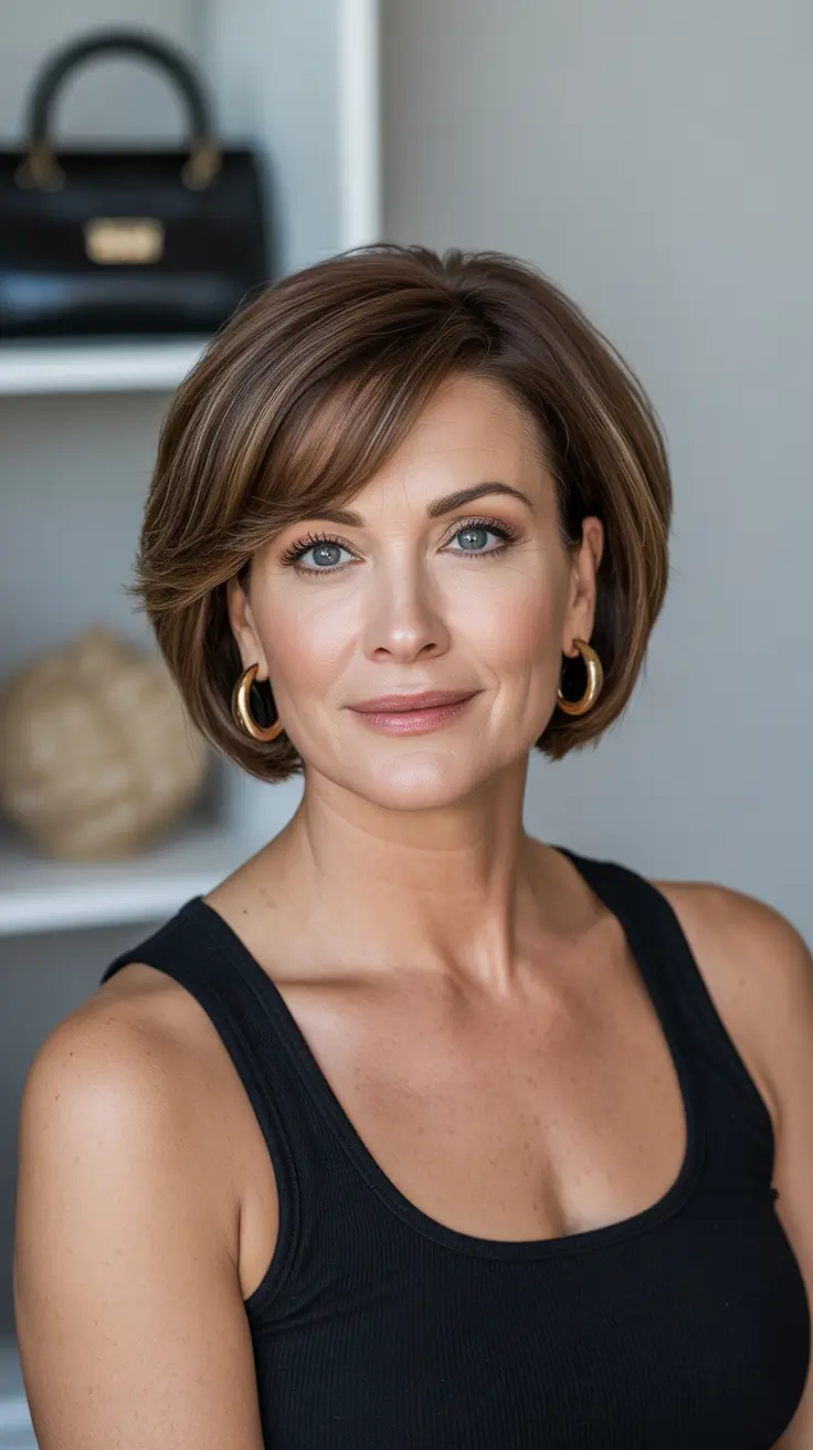 cute haircuts women over 40 Warm Caramel Short Bob