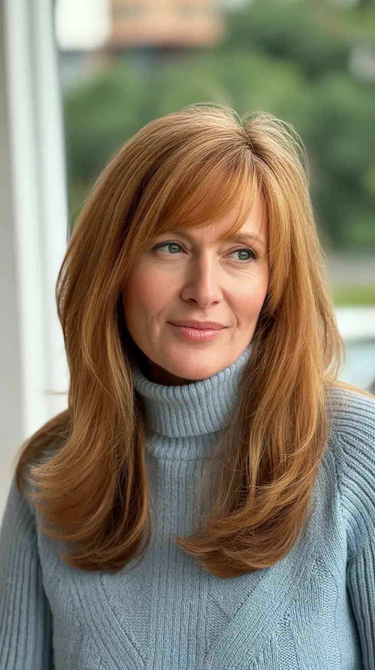haircuts women over 40 long hair Soft Ginger Layers with Side Fringe