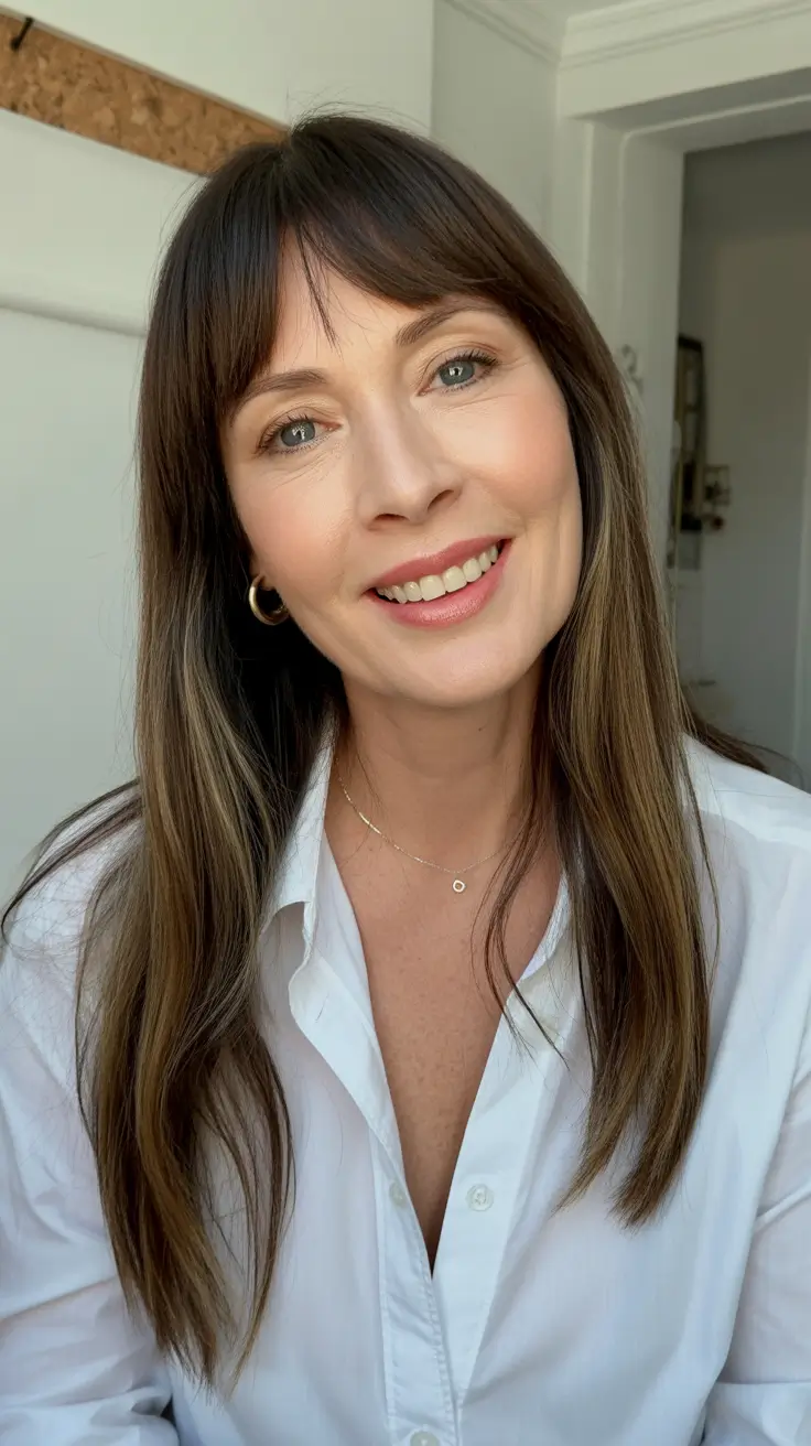 haircuts for women over 40 Classic Brunette with Soft Bangs