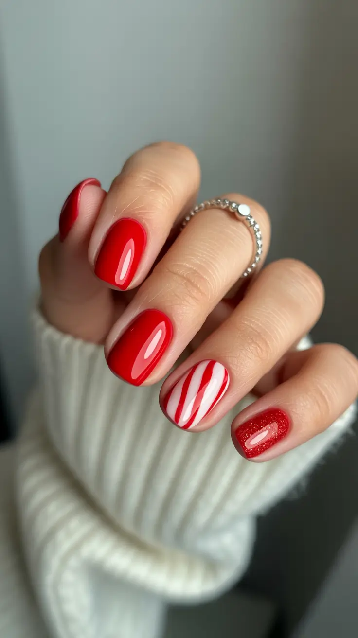 winter nails ideas red Classic Red & Candy Stripes