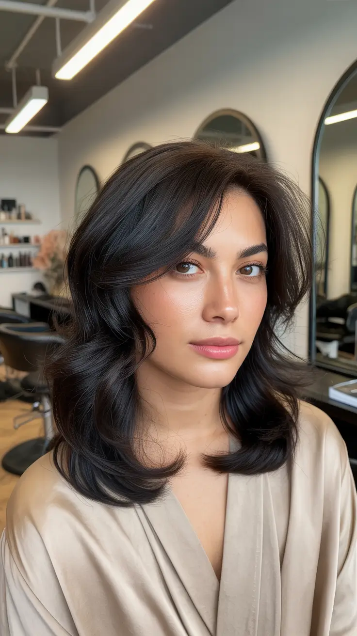 medium length haircut winter aespa Layered Jet Black Waves