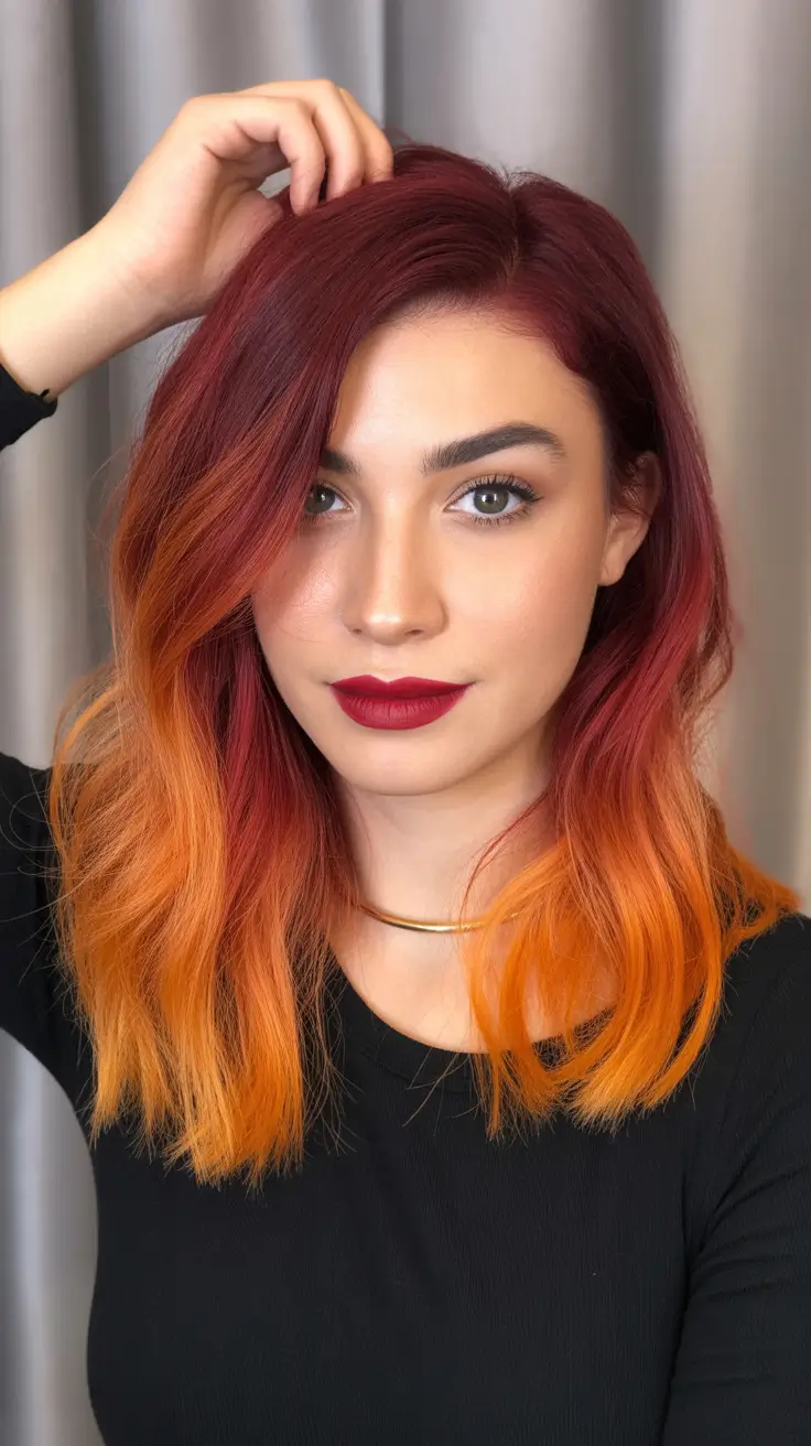 medium length haircut winter color Fiery Red Ombre Waves