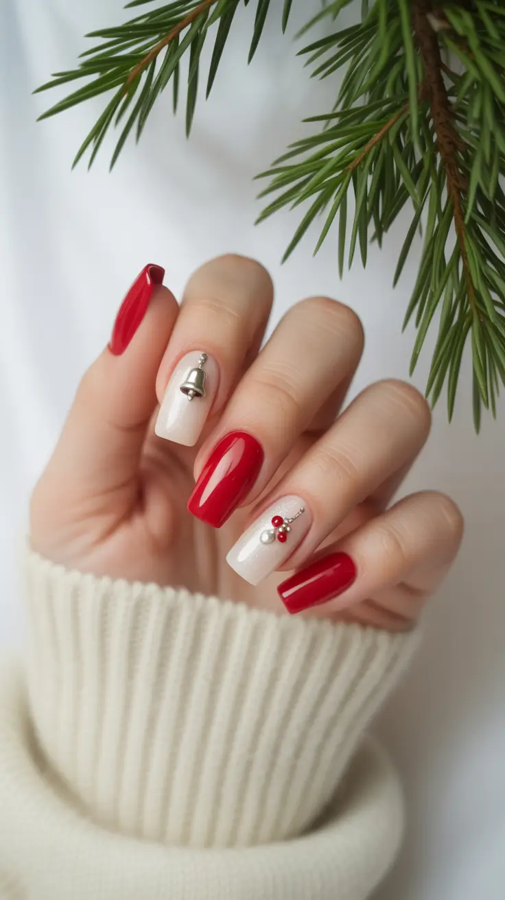 Modern Acrylic Nails Winter 2025–2026 Red and White Christmas Charms