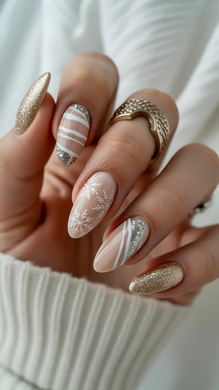 Modern Acrylic Nails Winter 2025–2026 Golden Snowflake Sparkle