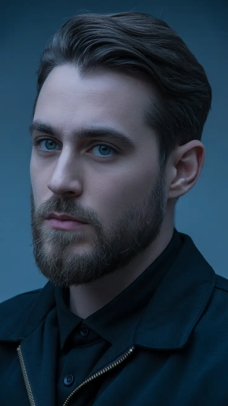 best winter haircuts men Slicked-Back Elegance with Beard Balance