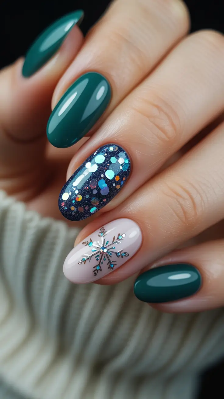 winter-nail-designs-2025-forest-green-snowflake