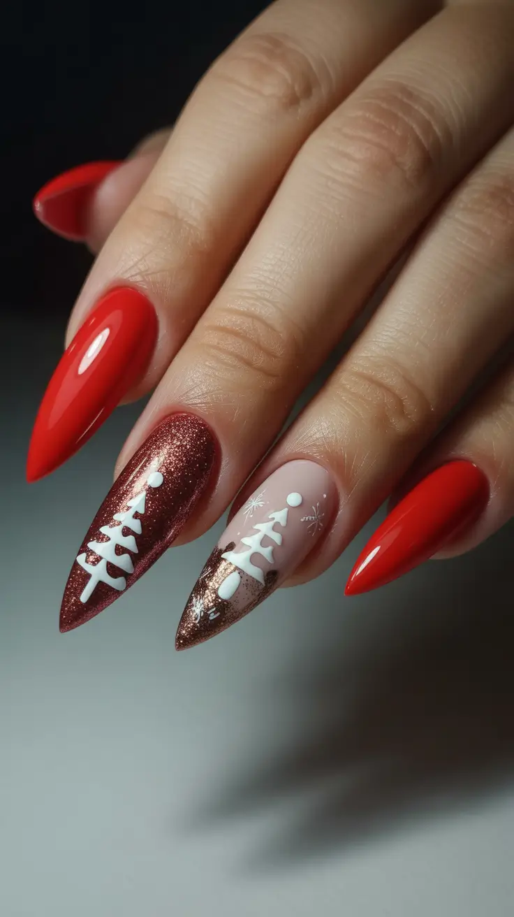 red winter nails 2026 Glistening Christmas Trees