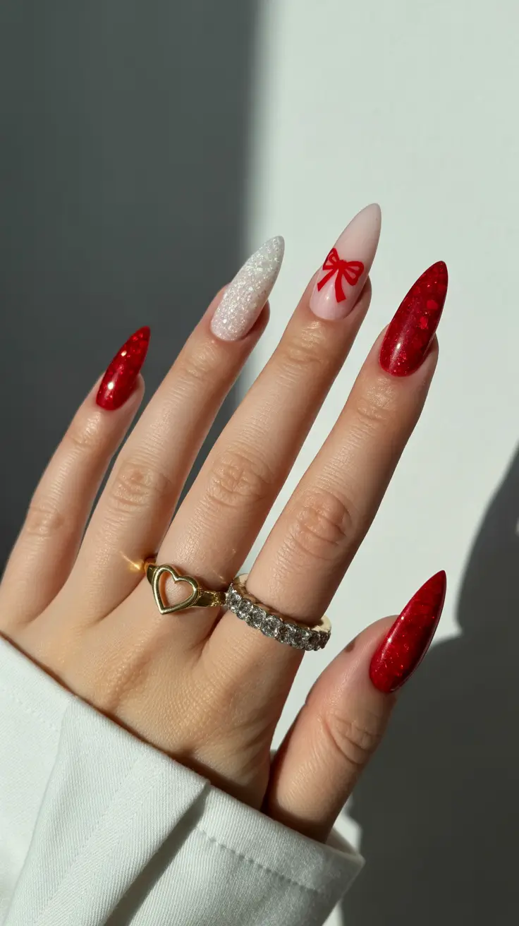 red winter nails 2026 Red Ribbon Charm