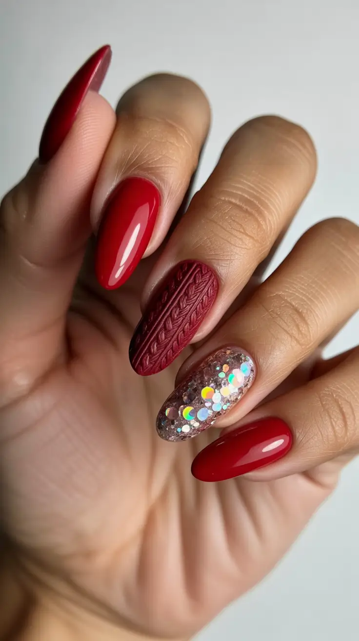 red winter nails 2026 Cozy Knit and Glitter Glam