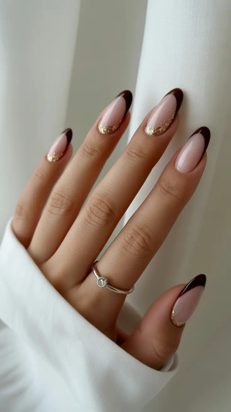 simple winter nails 2025 2026 Chocolate Glaze with Golden Spark