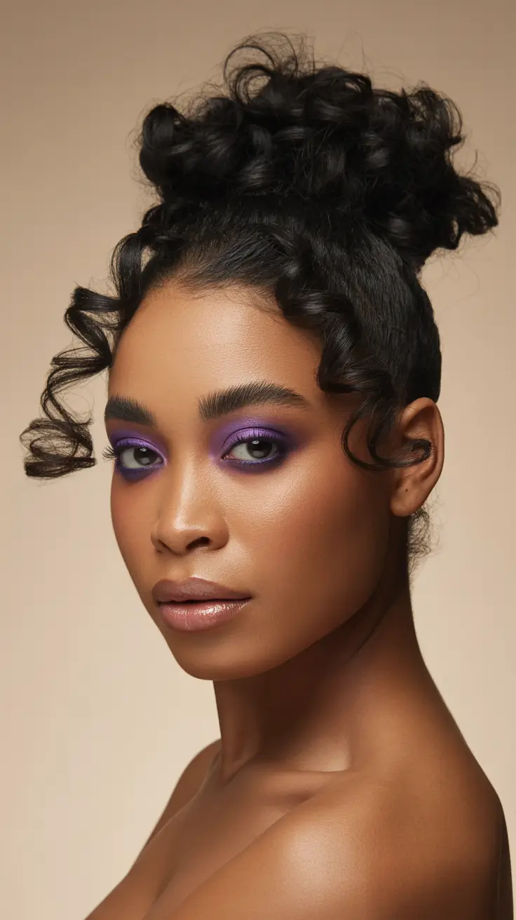 winter-hairstyles-for-chubby-rounded-face-black-women-Curly-Bun