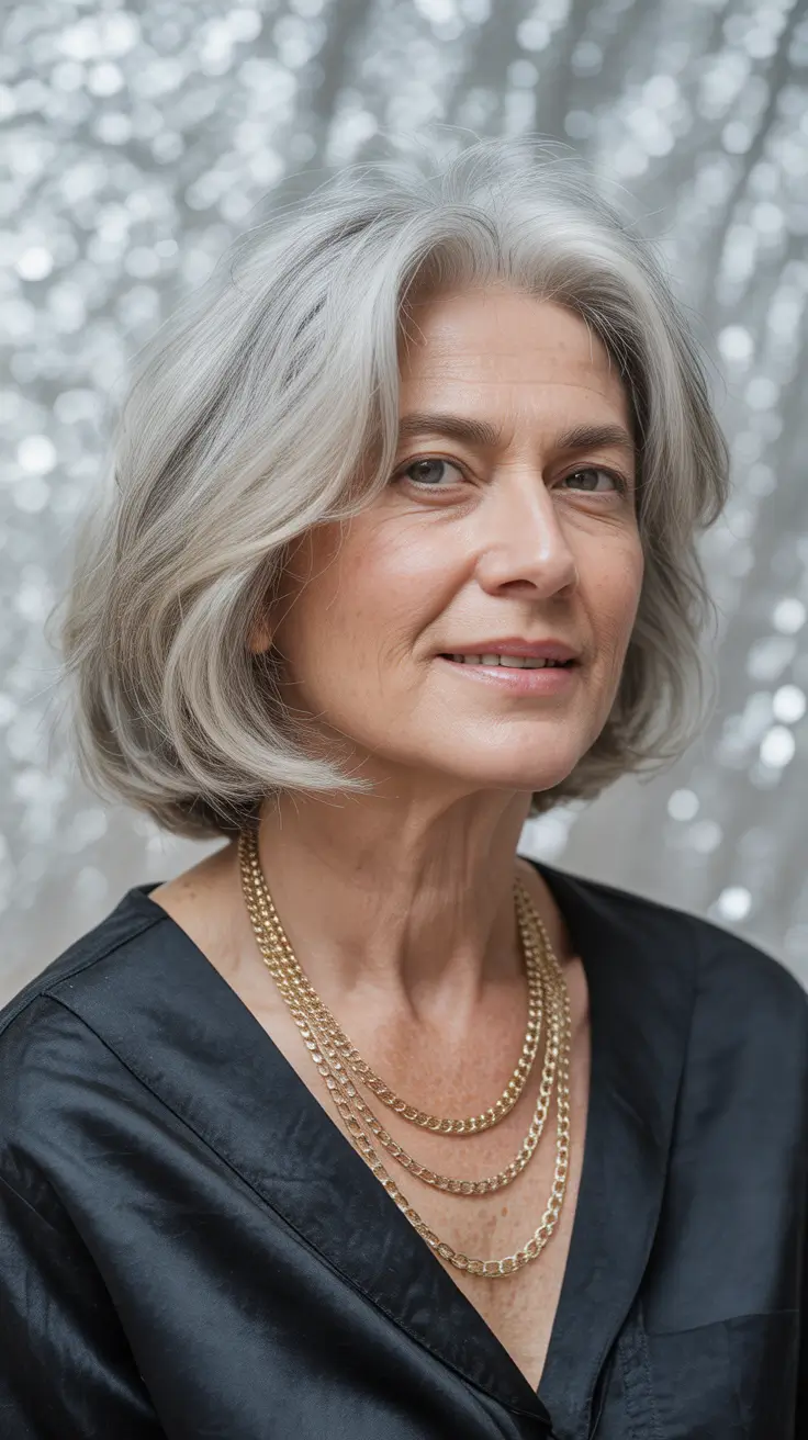 winter haircuts for women over 60 Elegant Mid-Length Silver Bob