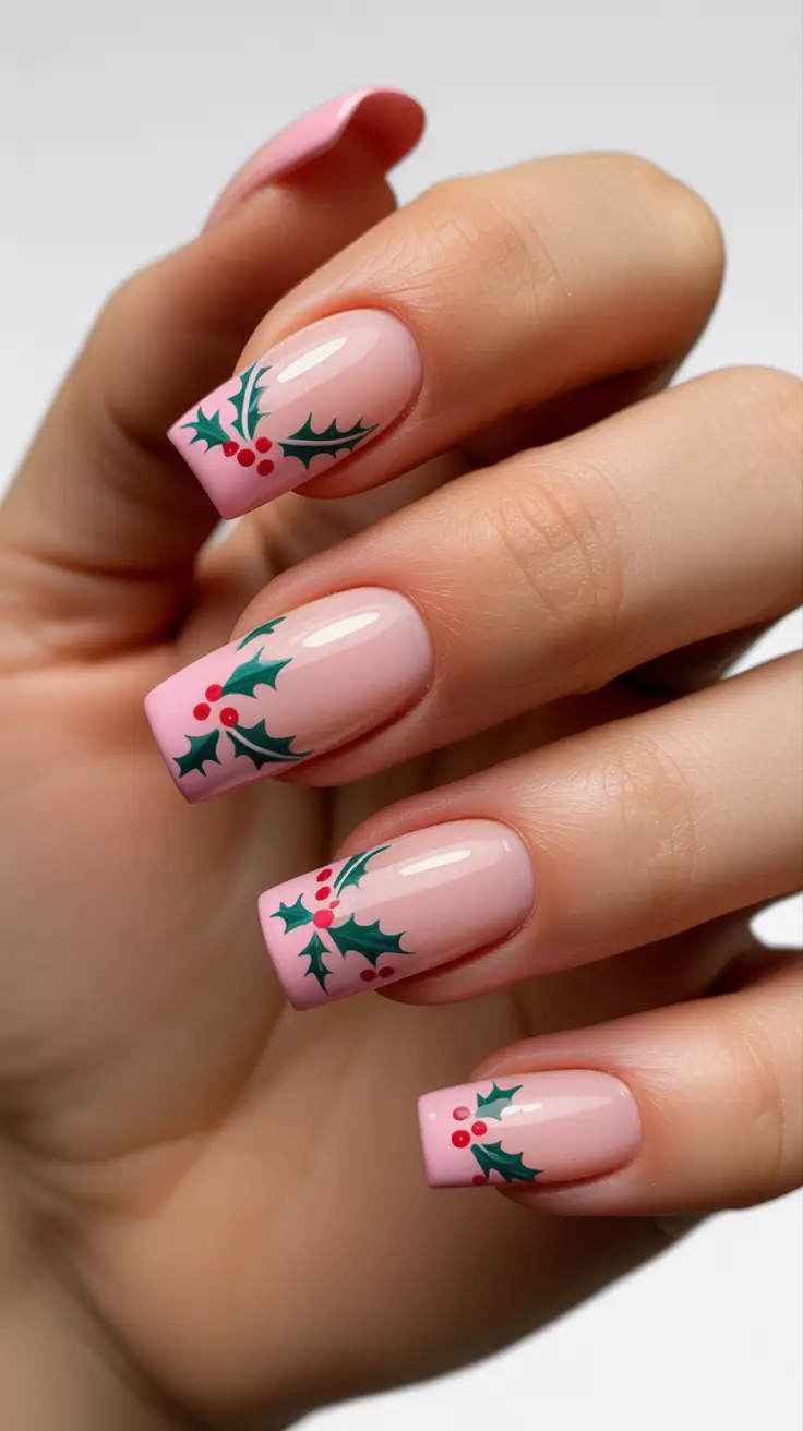 Trendy Pink Winter Nails 2025–2026 Festive Holly Charm