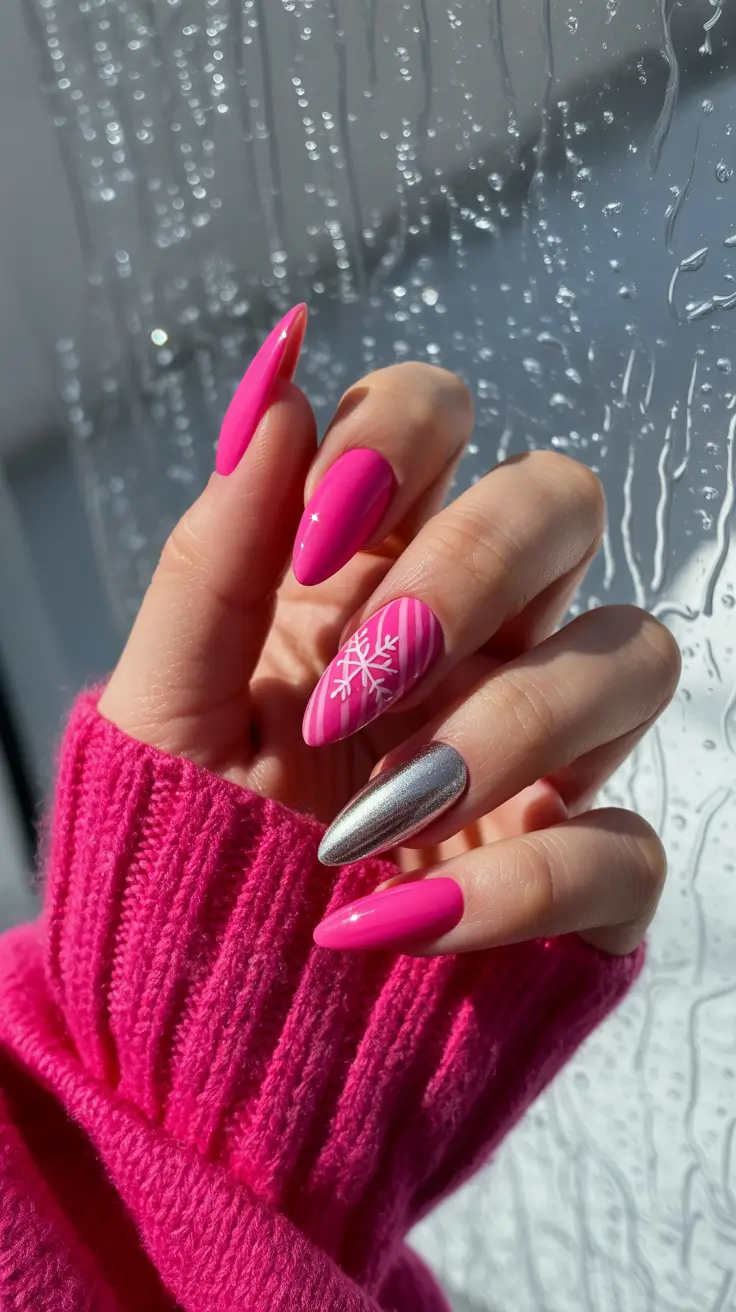 Trendy Pink Winter Nails 2025–2026 Hot Pink Snowflake Charm