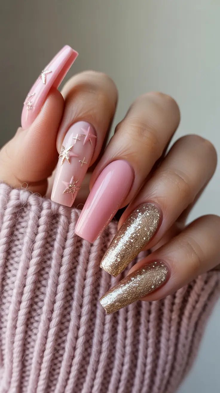 Trendy Pink Winter Nails 2025–2026 Golden Blush Elegance