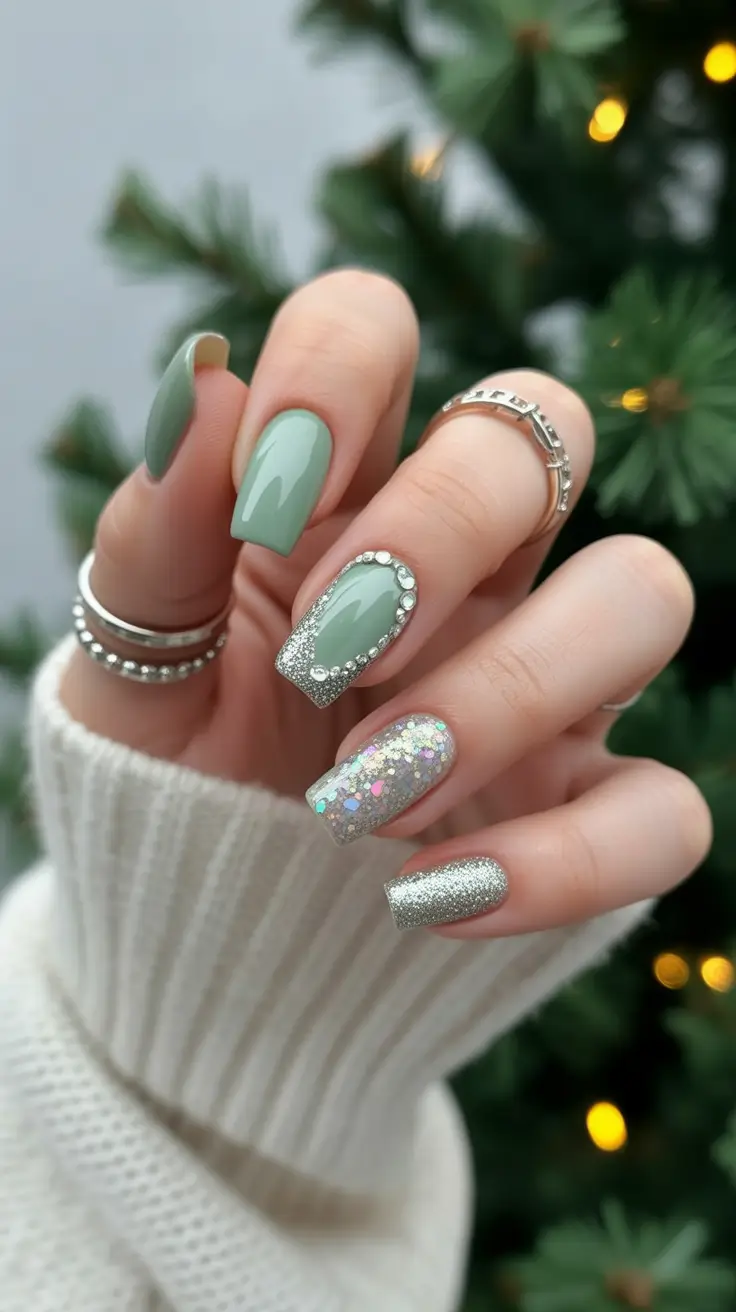 trendy winter nail colors 2025 2026 Frosted Sage Sparkle