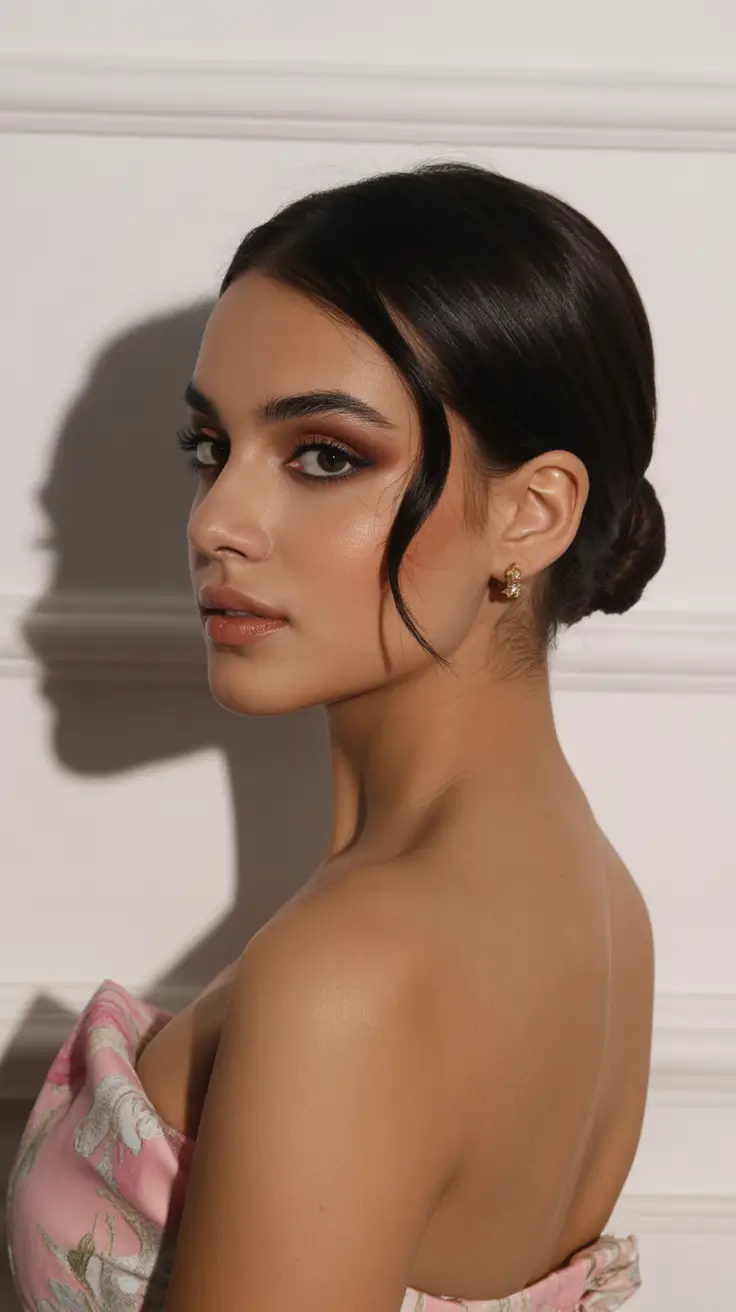 winter formal hairstyles 2025-2026 Sleek Low Bun With Romantic Strands