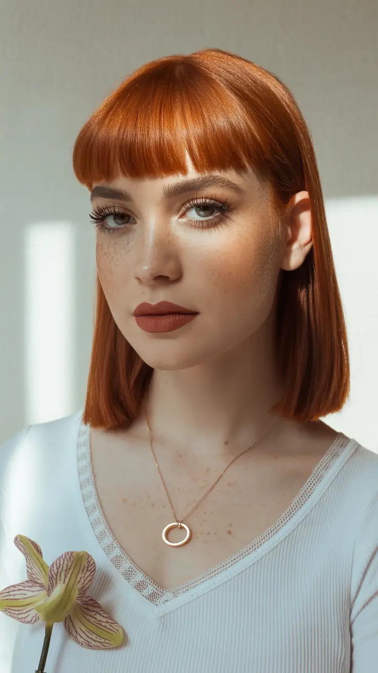 winter formal hairstyles 2025-2026 Bold Copper Bob With Full Fringe
