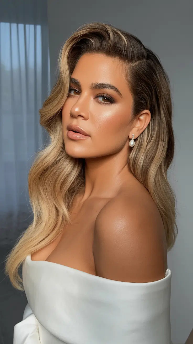 winter formal hairstyles 2025-2026 Side-Swept Ombre Waves