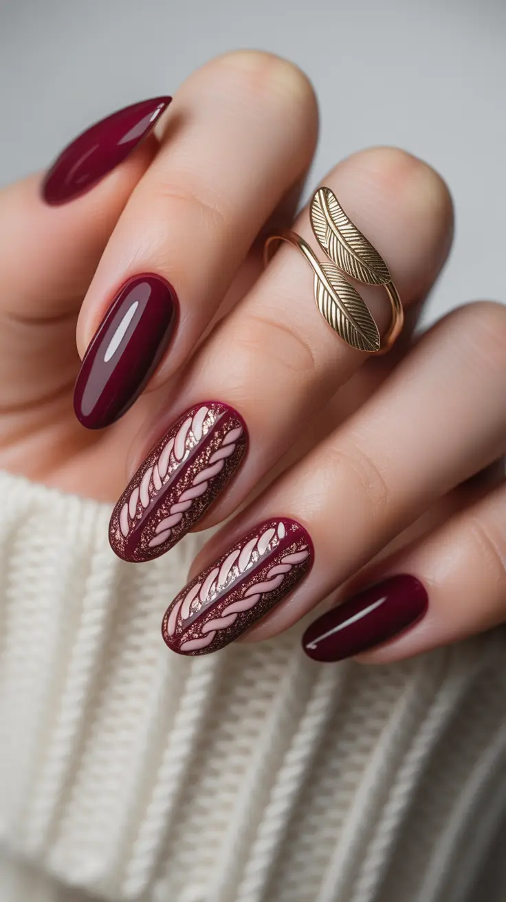 Winter Gel Nails 2025-2026 Wine Red Braided Design