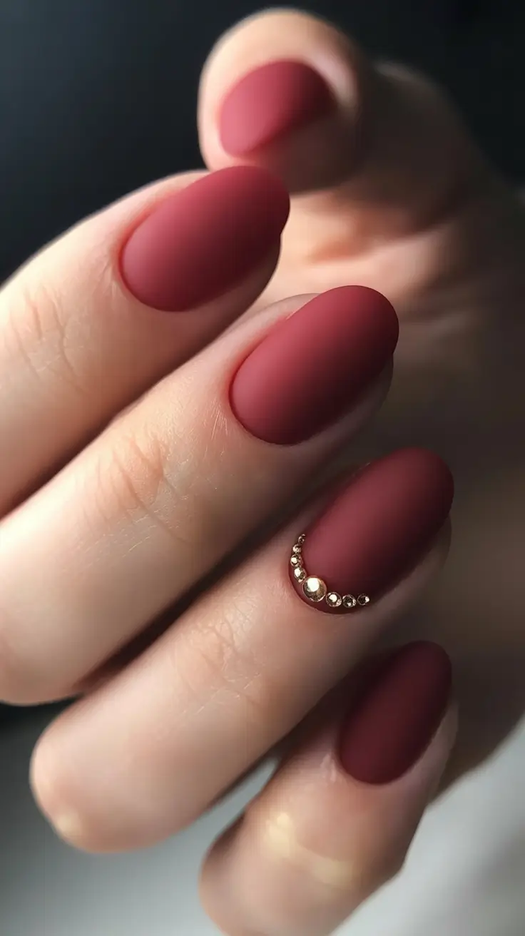 Winter Gel Nails 2025-2026 Matte Burgundy with Golden Accent
