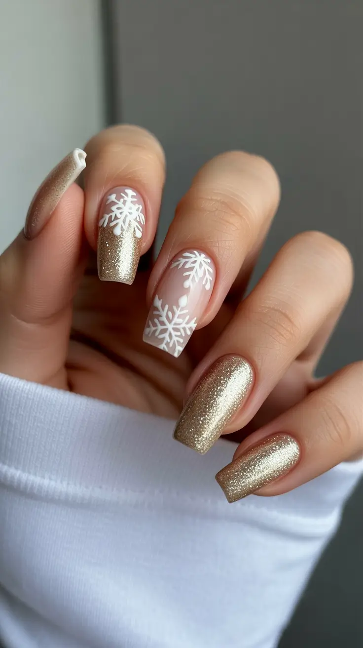 Winter Gel Nails 2025-2026 Golden Frost Snowflake