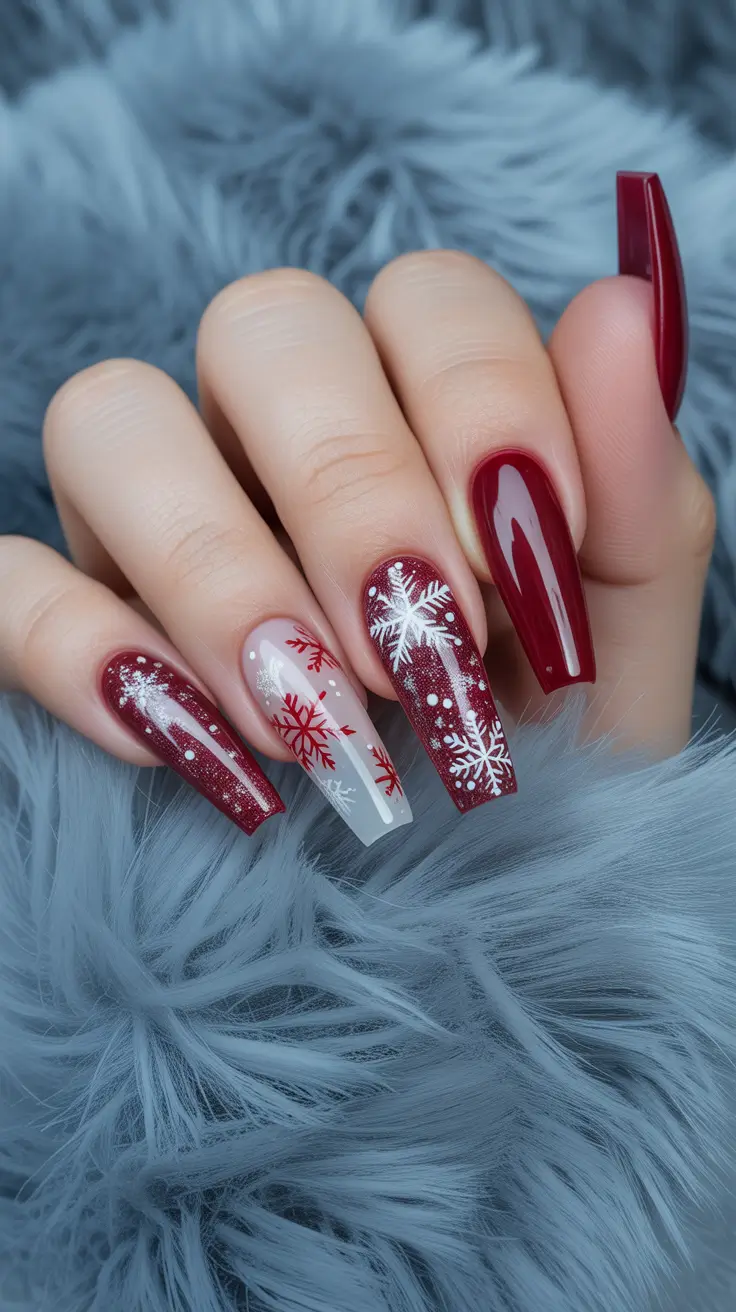 Winter Gel Nails 2025-2026 Cranberry White Snowflakes