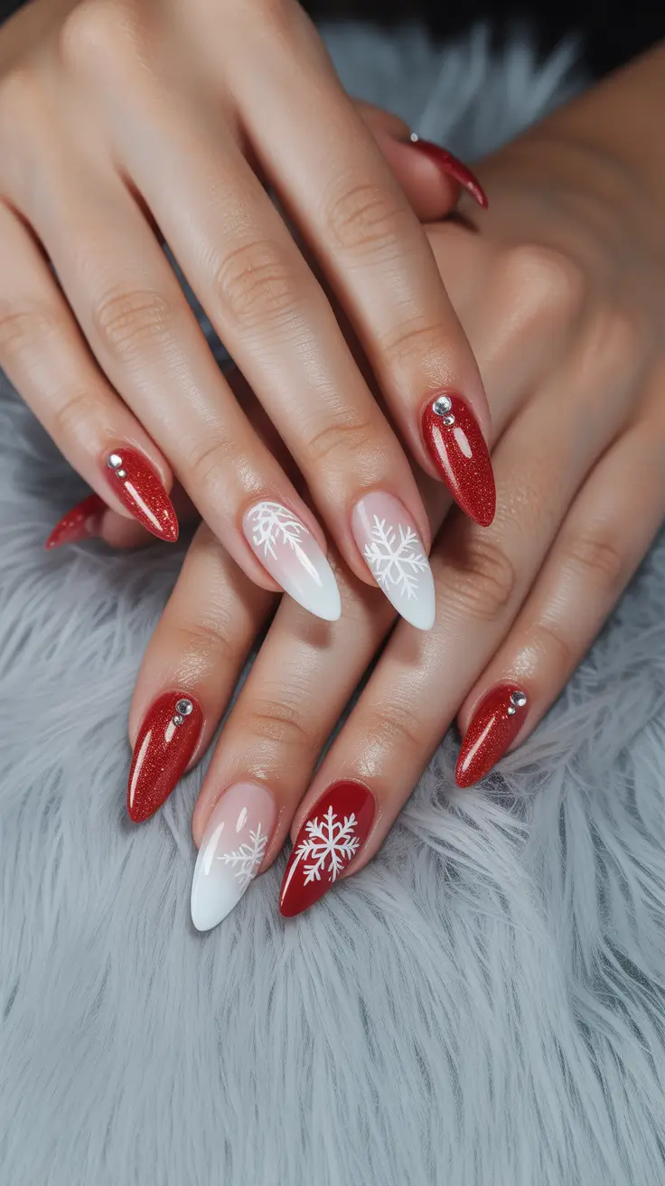 Winter Gel Nails 2025-2026 Red Sparkle Snowflake Gradient