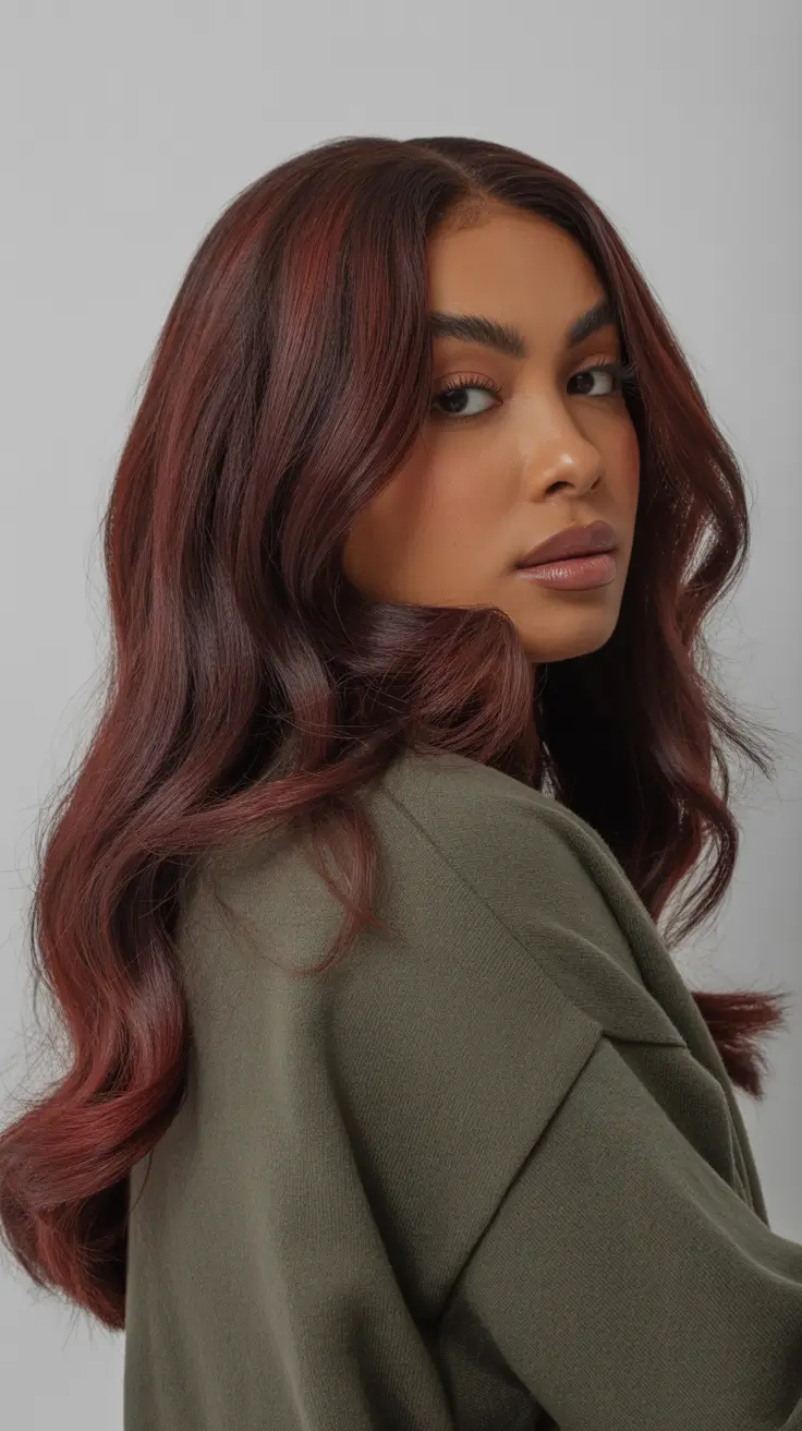 winter hair colors dark skin ideas 2025-2026 Deep Cherry Merlot Waves