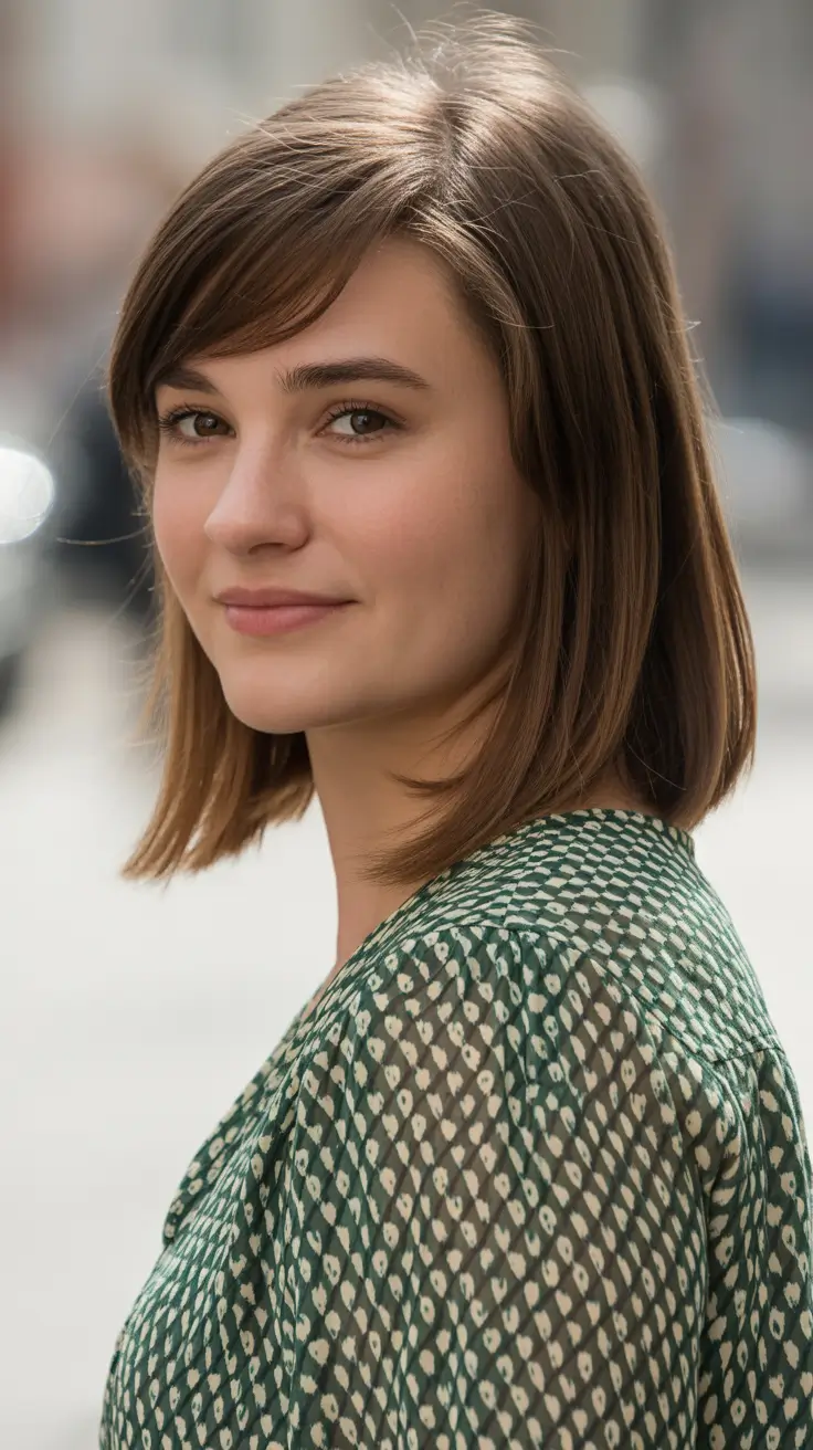 winter haircuts medium round faces Soft Chestnut Medium Bob with Side Bangs