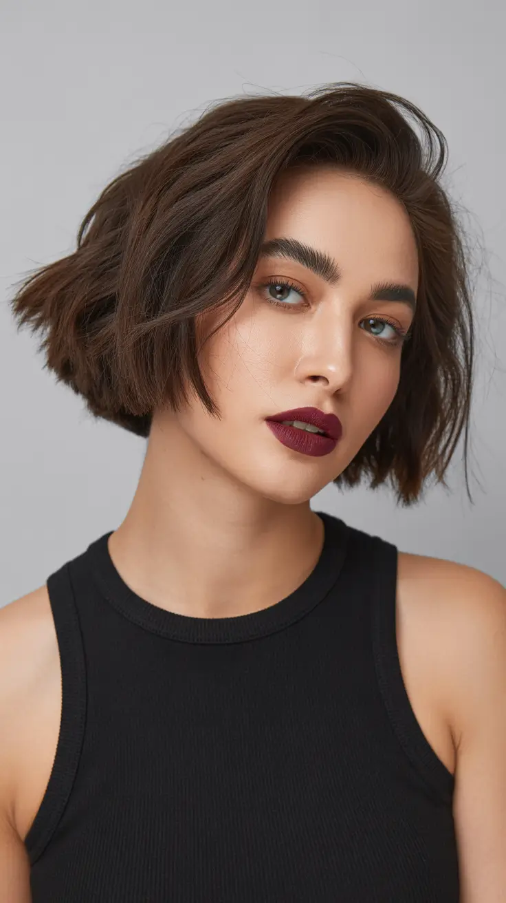 winter haircuts medium round faces Textured Chocolate Bob with Tousled Layers