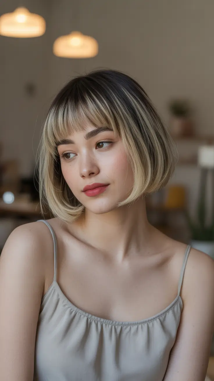 winter haircuts medium round faces Vanilla Blonde French Bob with Blunt Bangs