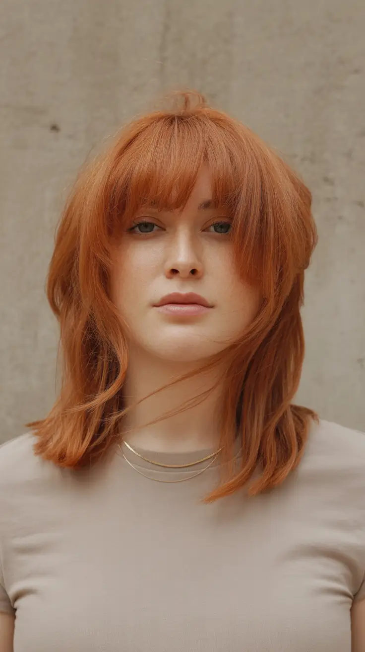 winter haircut for round face Rusty Copper Shag with Feathered Fringe