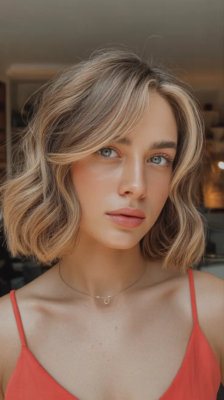 winter haircuts medium round faces Golden Beige Waves with Curtain Bangs