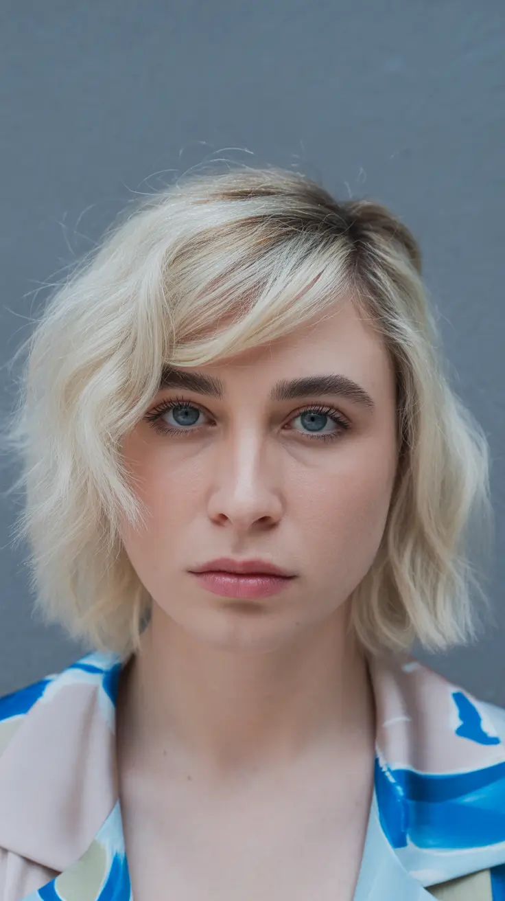 winter haircuts for round faces Platinum Wavy Crop with Textured Layers