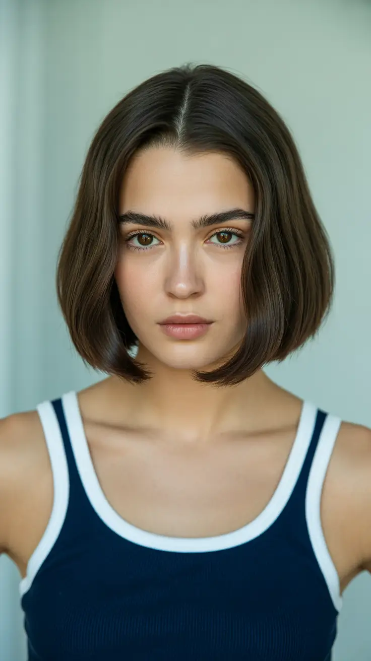 winter 2026 haircut round face Sculpted Center-Part Bob with Gloss Finish