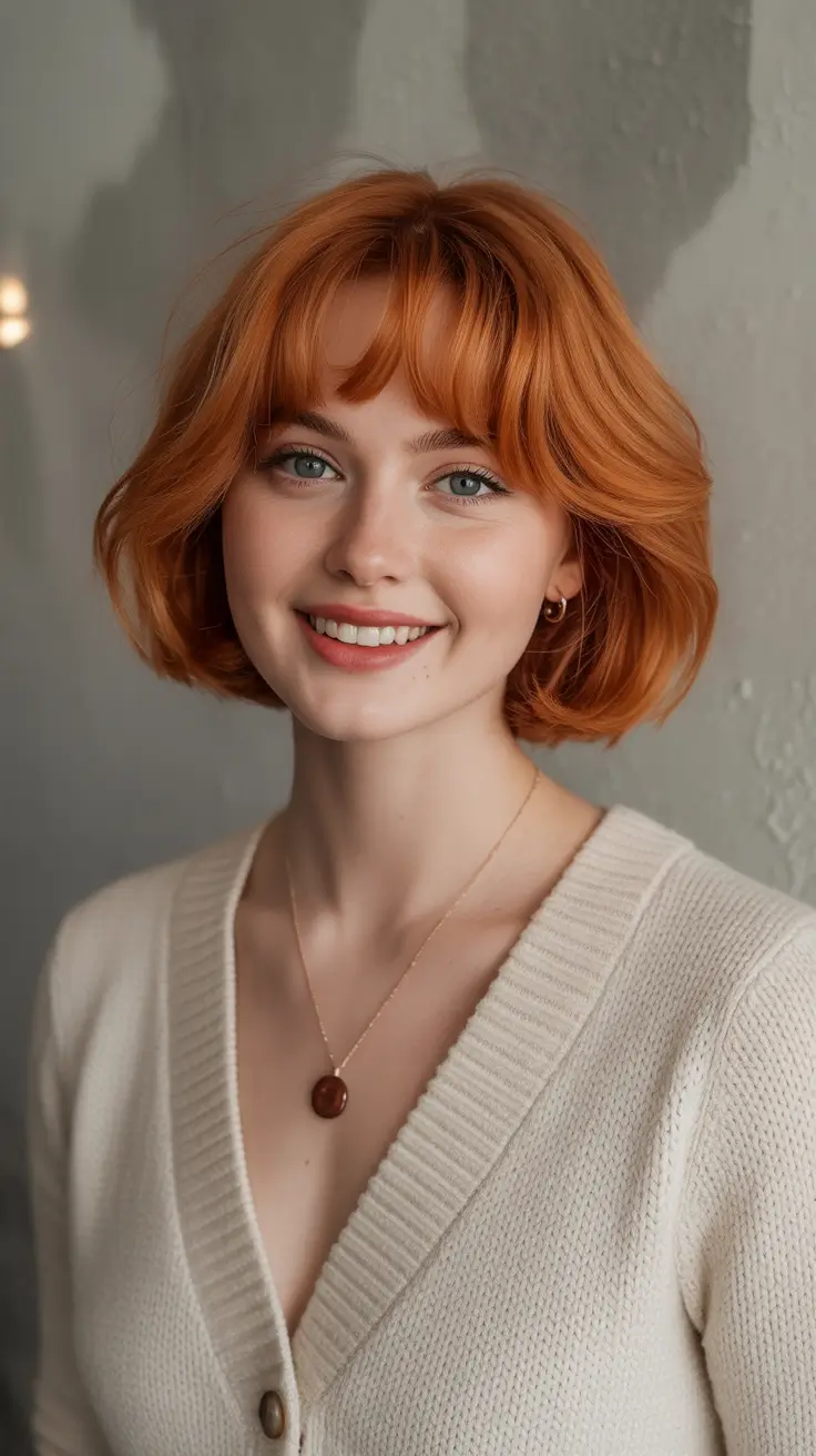 winter haircuts for round faces Coppery Bob with French Bangs