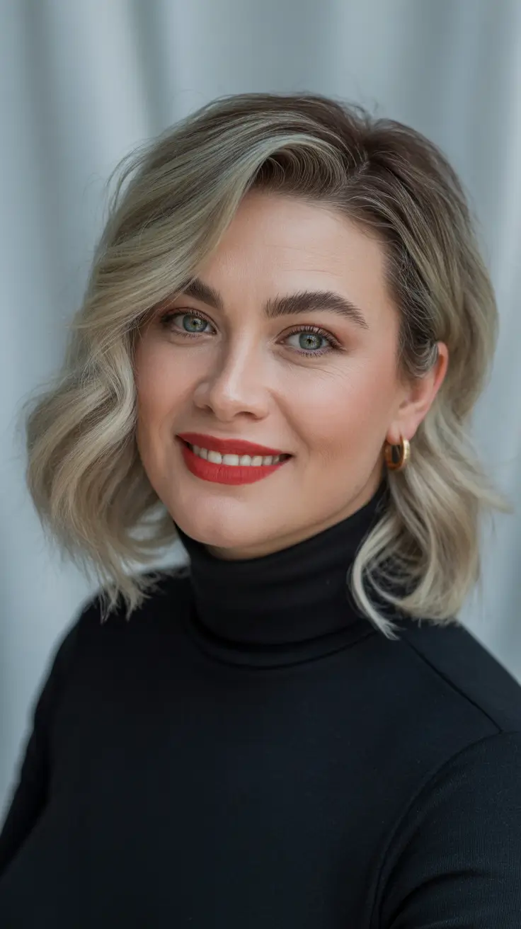 winter haircuts medium round faces Soft Ash Balayage Bob with Volume Lift