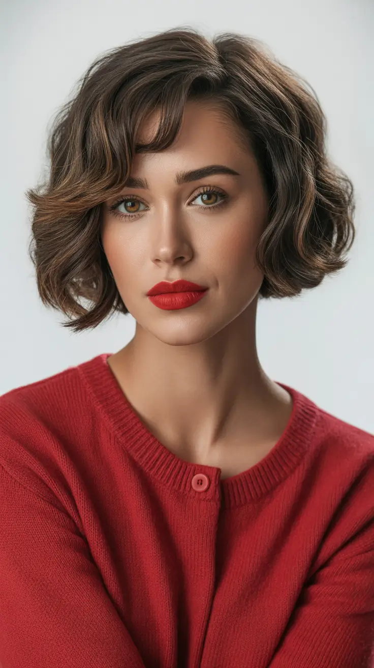 winter haircuts long round faces Softly Curled Brunette Bob with Deep Side Part
