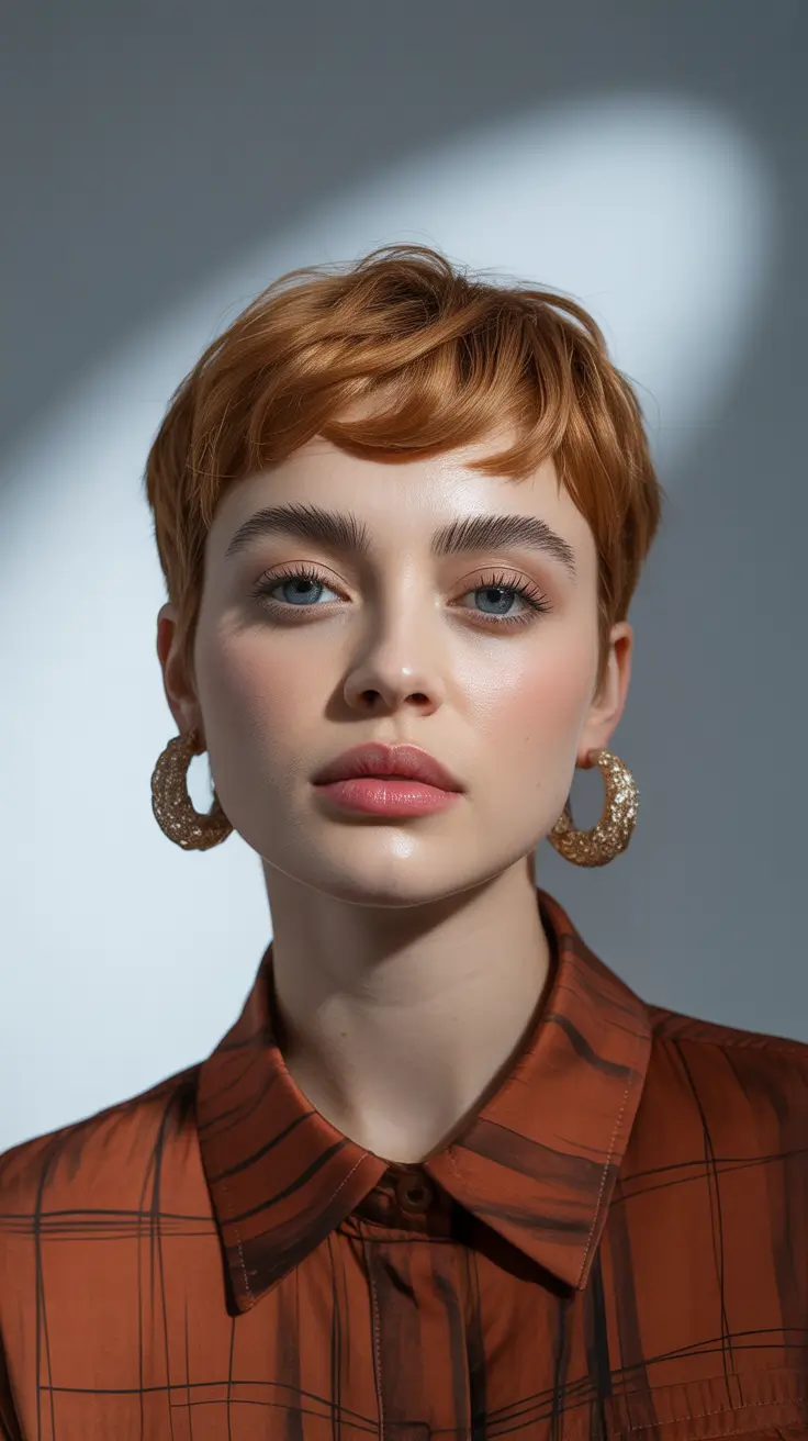 round face haircuts winter Warm Ginger Pixie with Structured Bangs