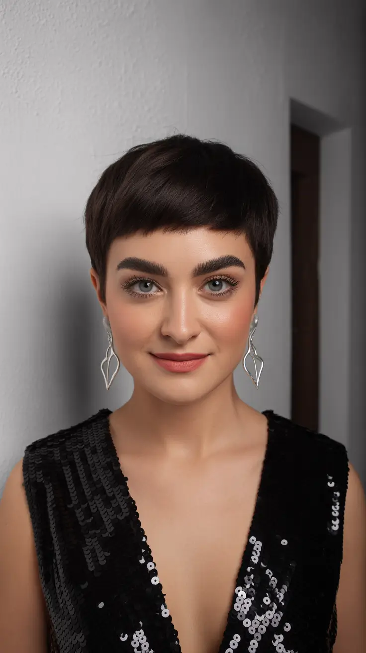 winter haircuts for round faces Polished Espresso Pixie with Sleek Finish