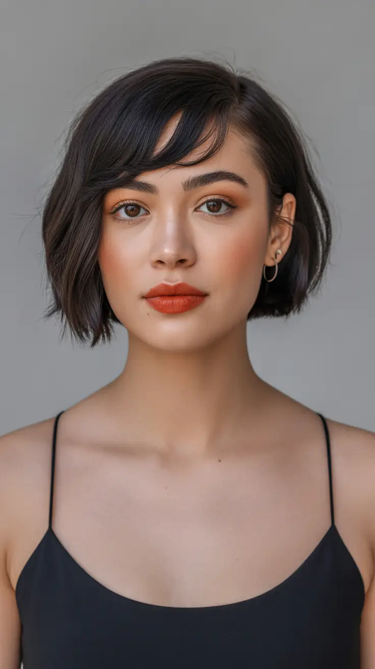 round face haircuts winter Asymmetrical Jet Black Bob with Wispy Fringe