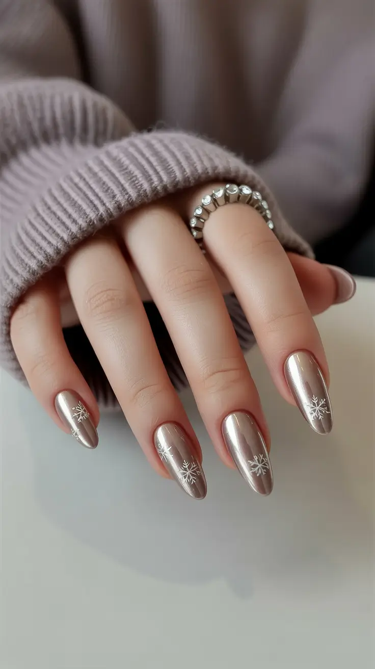 Winter Nail Art Inspo 2025-2026 Champagne Chrome Snowflakes