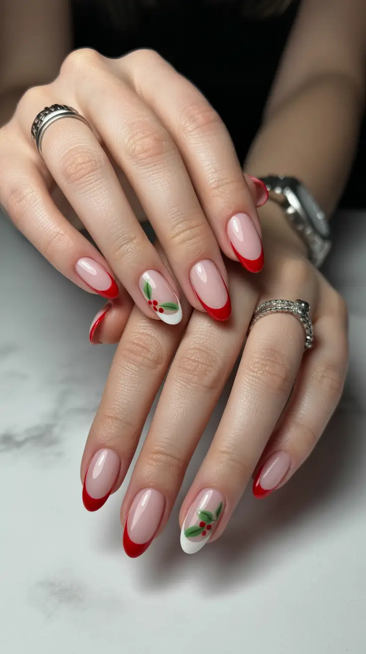 Winter Nail Art Inspo 2025-2026 Red French & Holly Accent