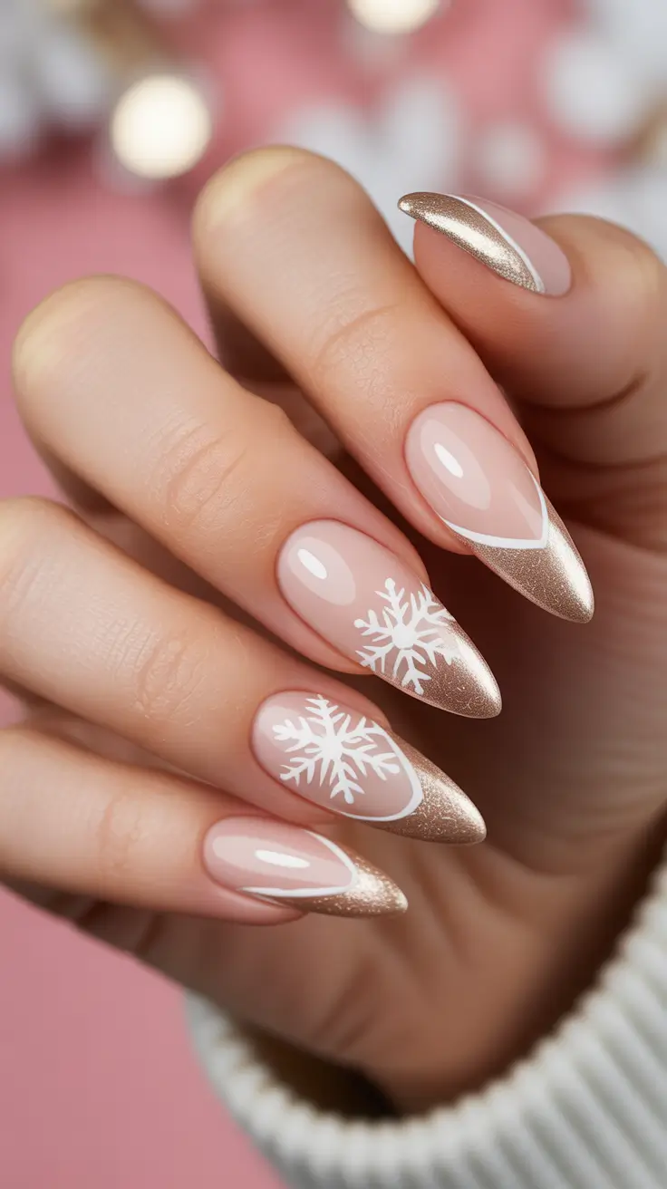 Winter Nail Designs 2025 Soft Gold French Tips with Snowflake Art