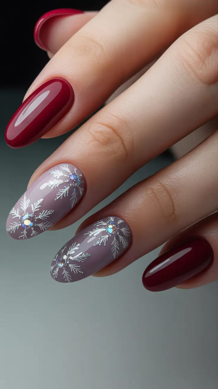 Winter Nail Designs 2025 Wine Red & Frosted Lavender Snowflakes