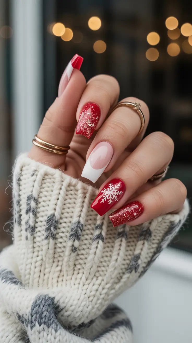 Winter Nail Designs 2025 Classic Red & White Snowflake Coffin Nails