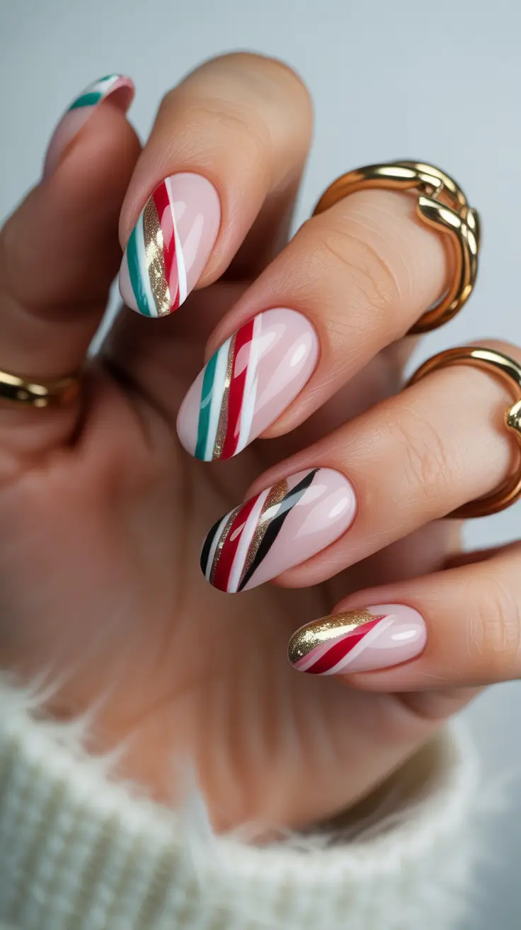 Winter Nail Designs 2025 Festive Stripes with a Modern Twist