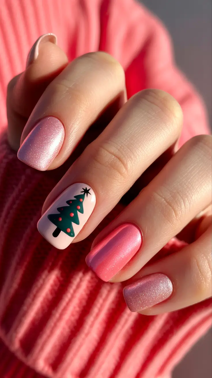 Winter Nail Designs 2025 Pink Frost with Christmas Tree Accent